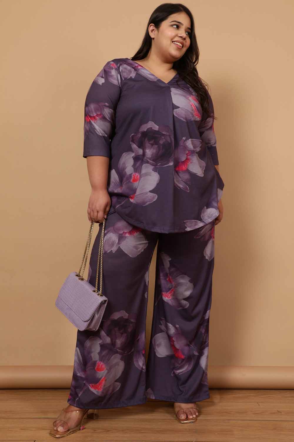 Buy Plus Size Purple Floral Printed Centre Pleat Top