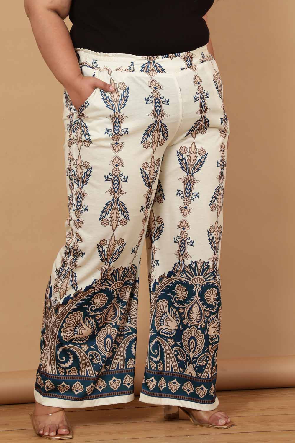 Comfortable Plus Size Cream Luxe Ethnic Print High Waist Pants