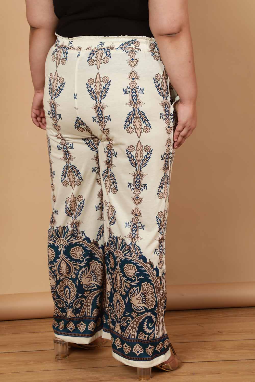 Plus Size Cream Luxe Ethnic Print High Waist Pants