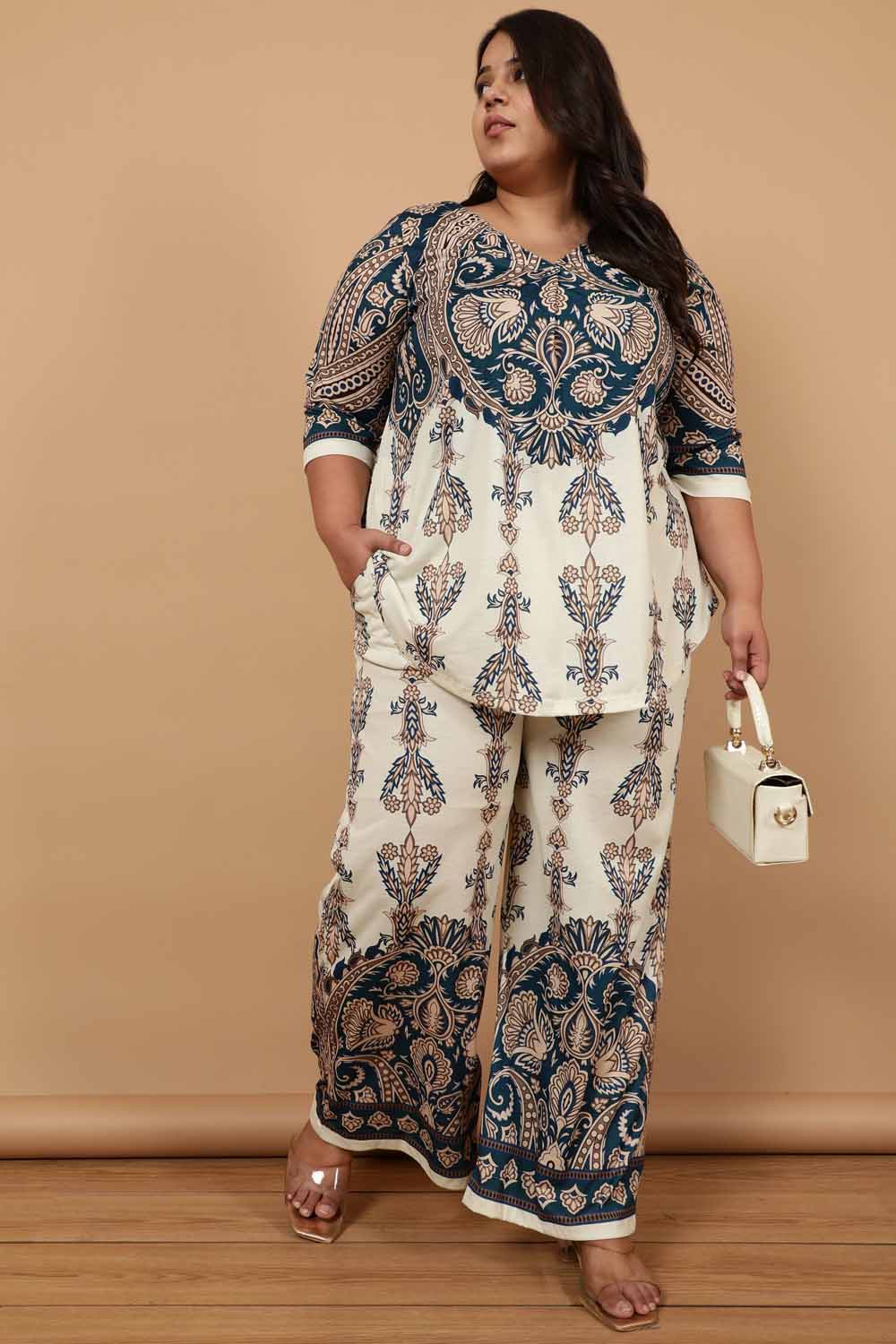 Plus Size Cream Luxe Ethnic Print High Waist Pants