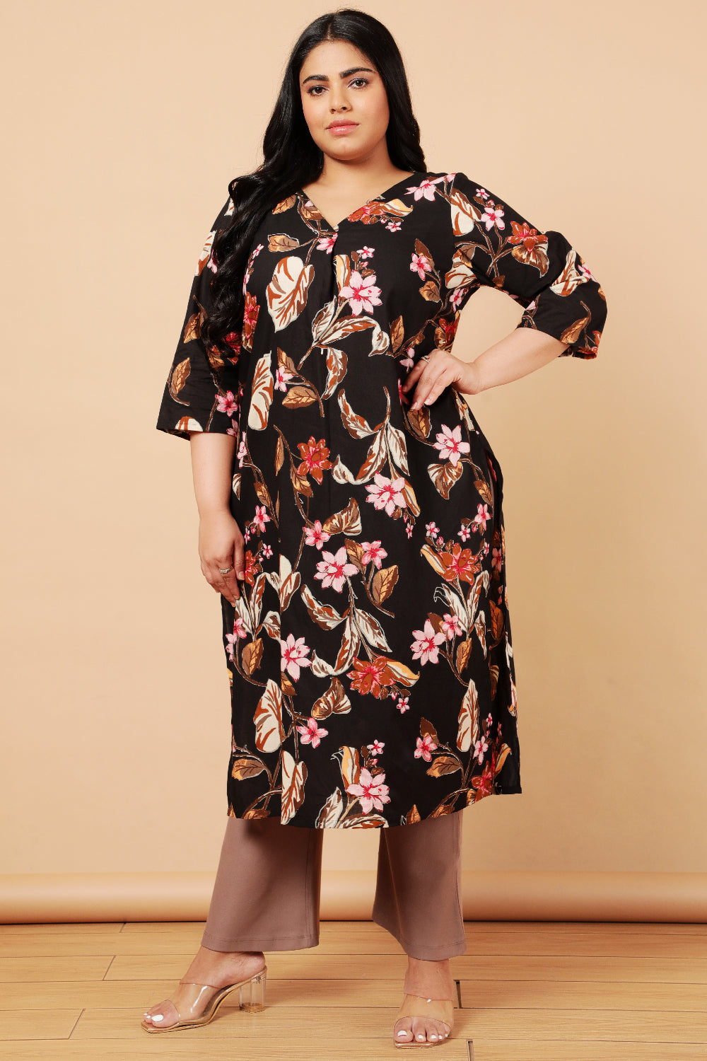 Black Floral Print Cotton Kurta