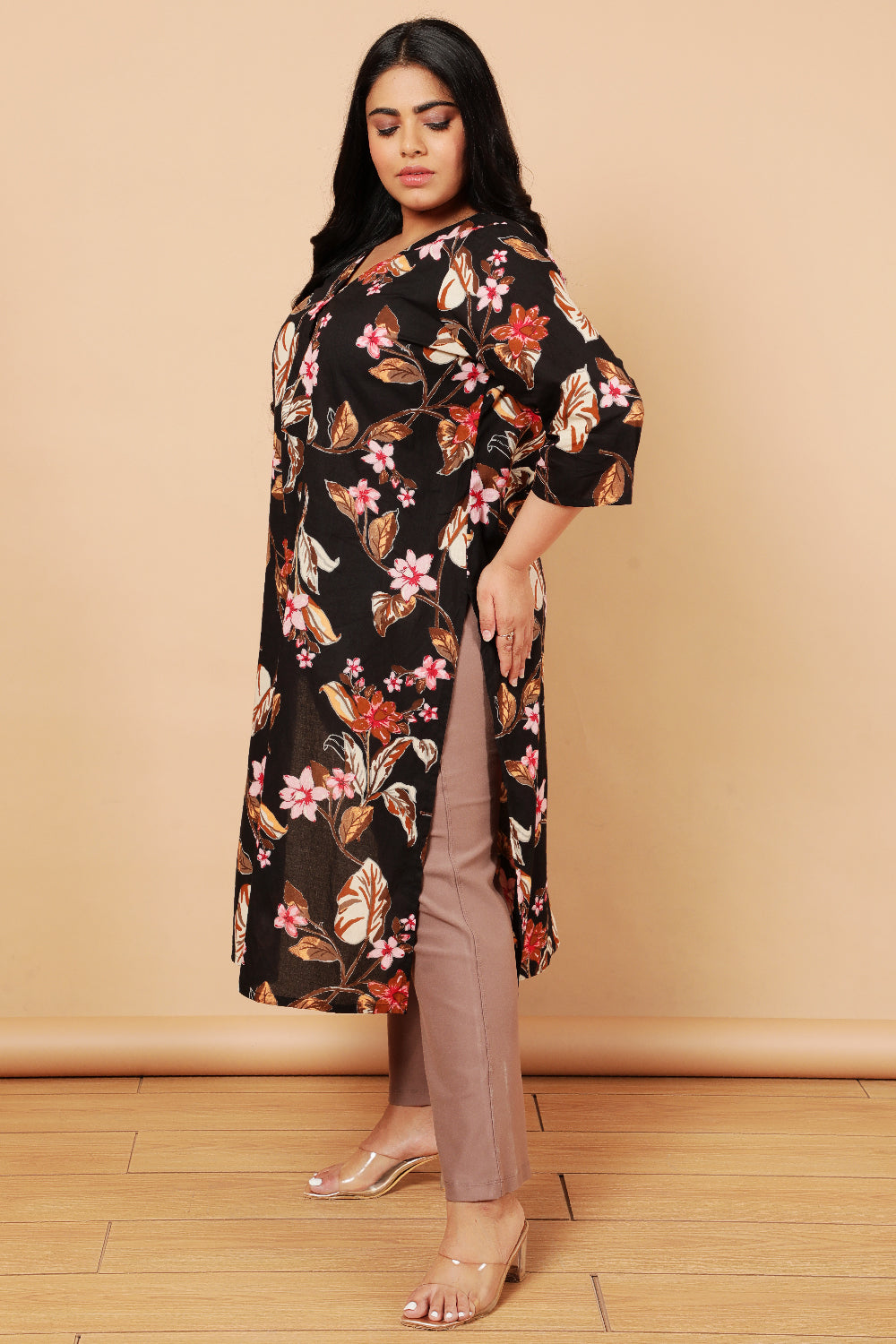 Black Floral Print Cotton Kurta