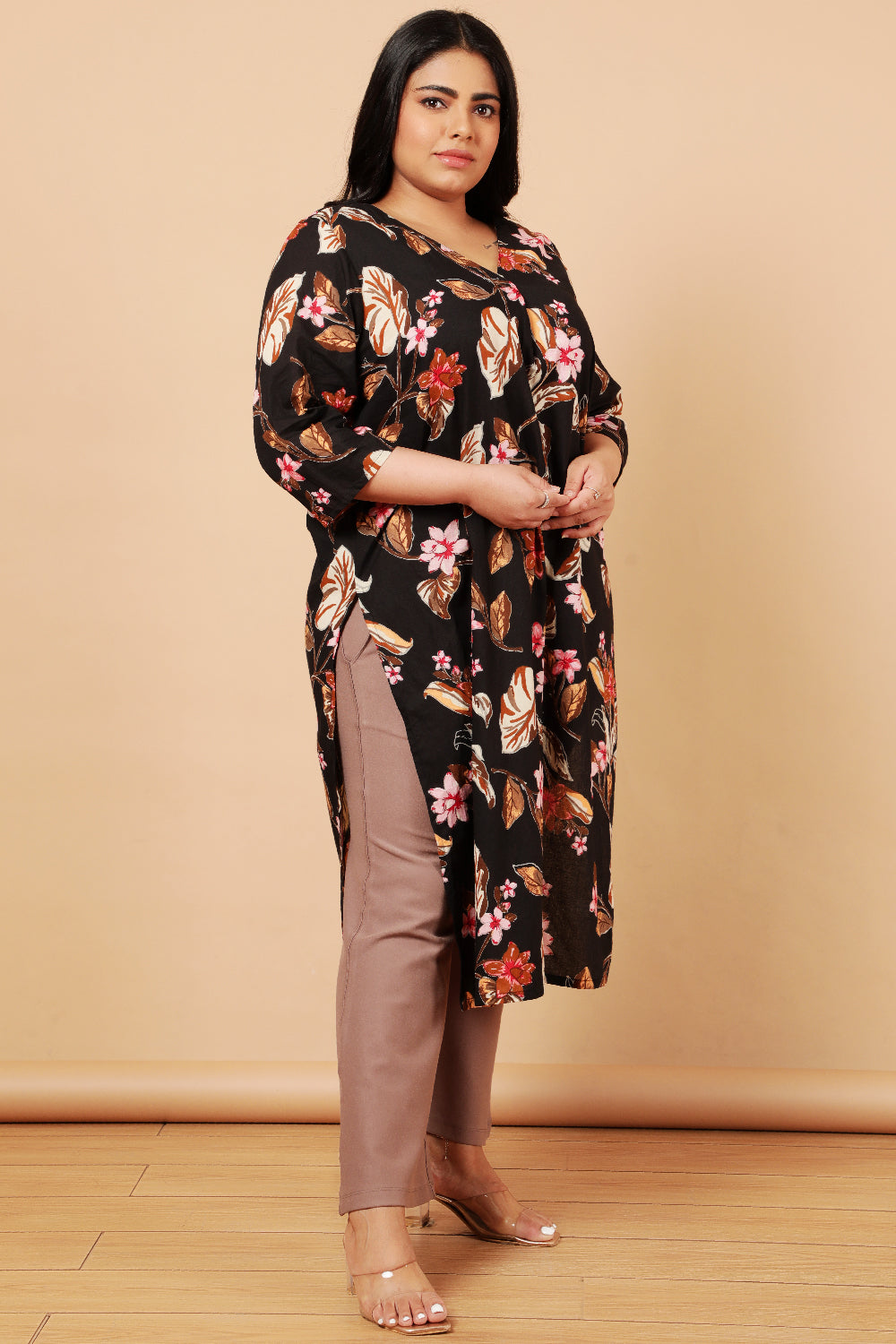 Black Floral Print Cotton Kurta