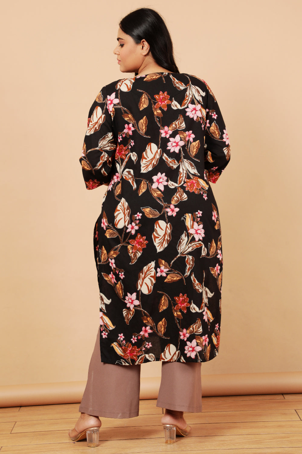 Black Floral Print Cotton Kurta