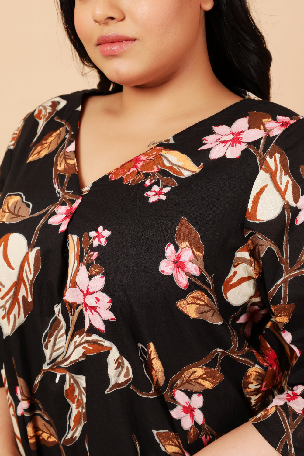 Black Floral Print Cotton Kurta