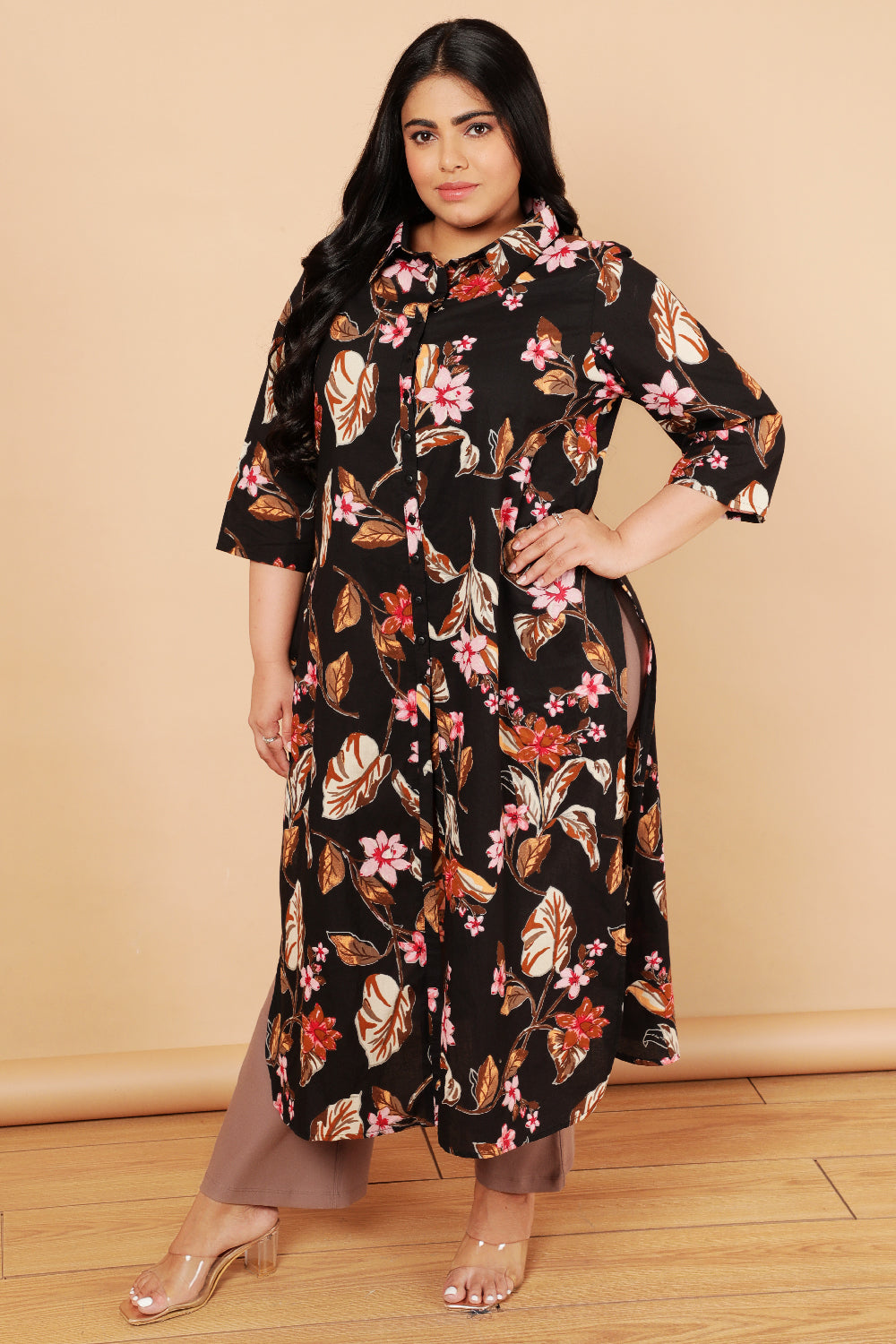 Plus Size Black Floral Print Cotton Kurta Shrug for Women