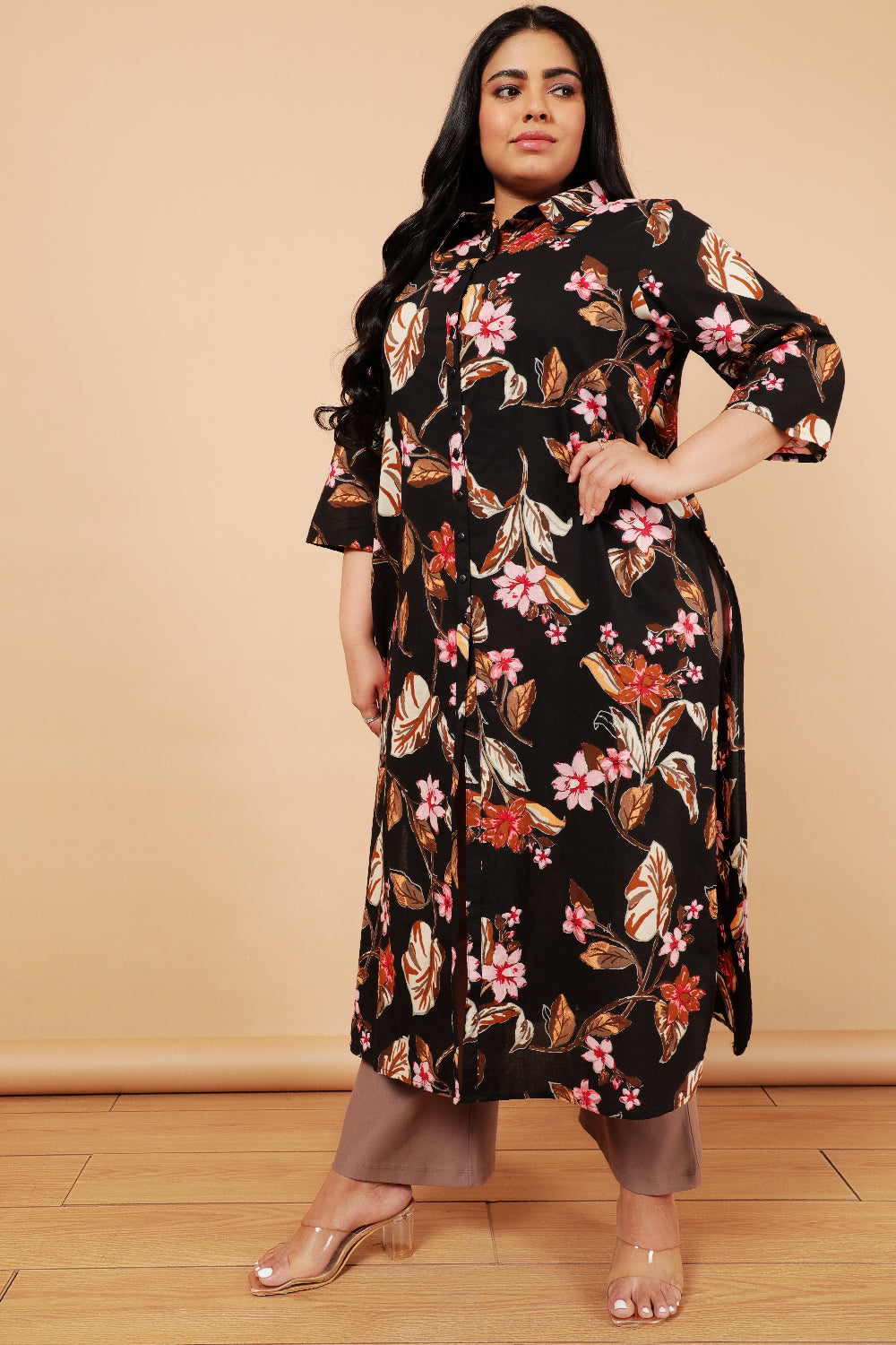Plus Size Plus Size Black Floral Print Cotton Kurta Shrug