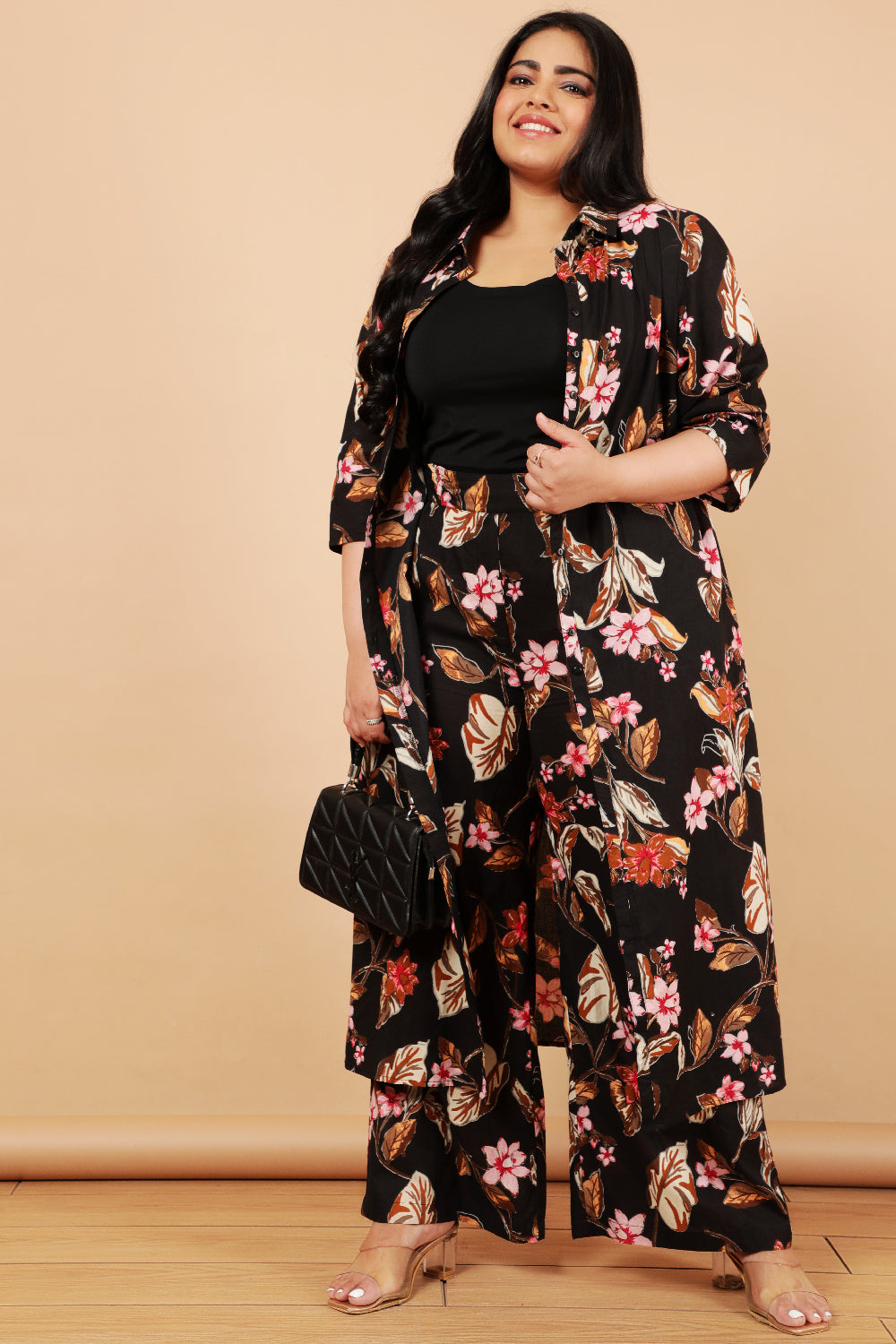 Buy Plus Size Black Floral Print Cotton Kurta Shrug