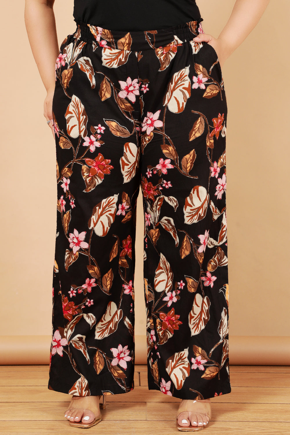 Plus Size Plus Size Black Floral Print Cotton High Waist Pants