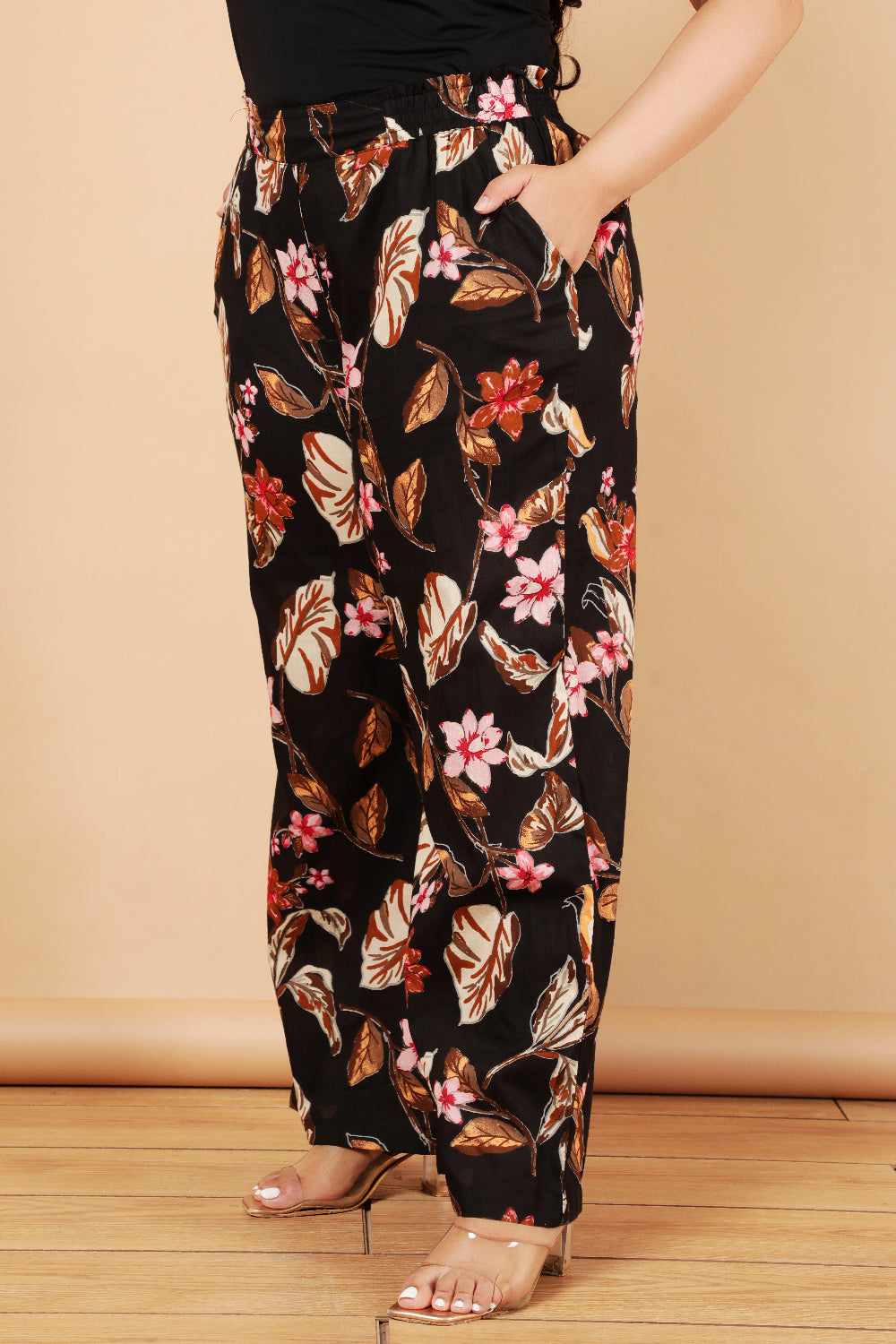 Plus Size Black Floral Print Cotton High Waist Pants for Women