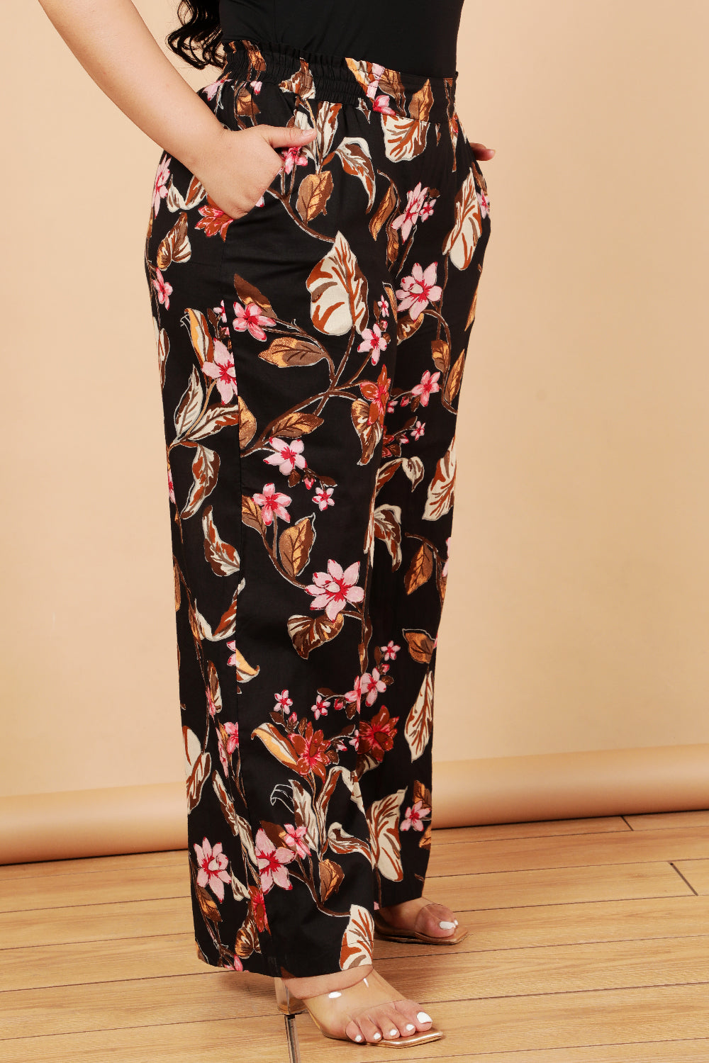 Comfortable Plus Size Black Floral Print Cotton High Waist Pants