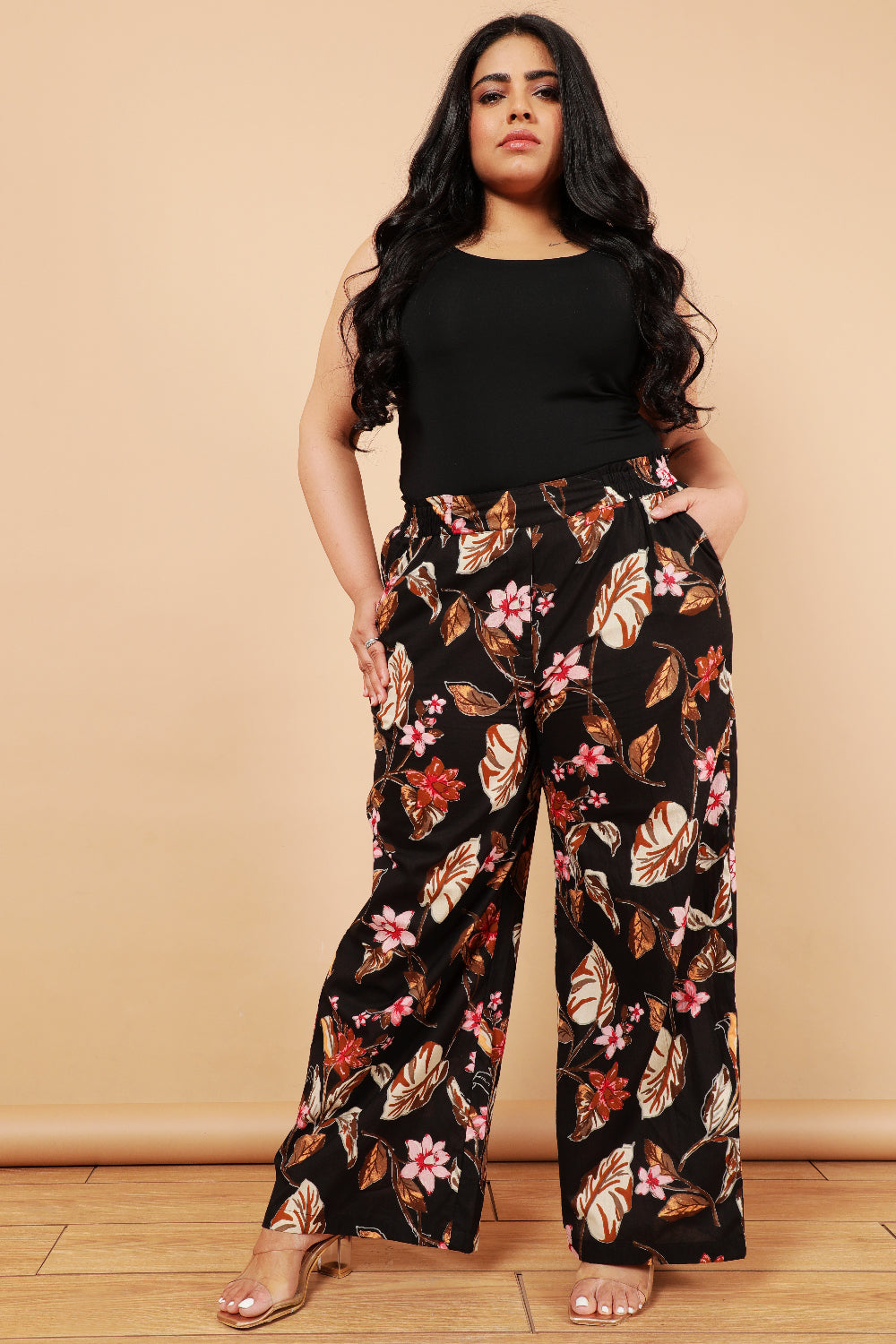 Plus Size Black Floral Print Cotton High Waist Pants