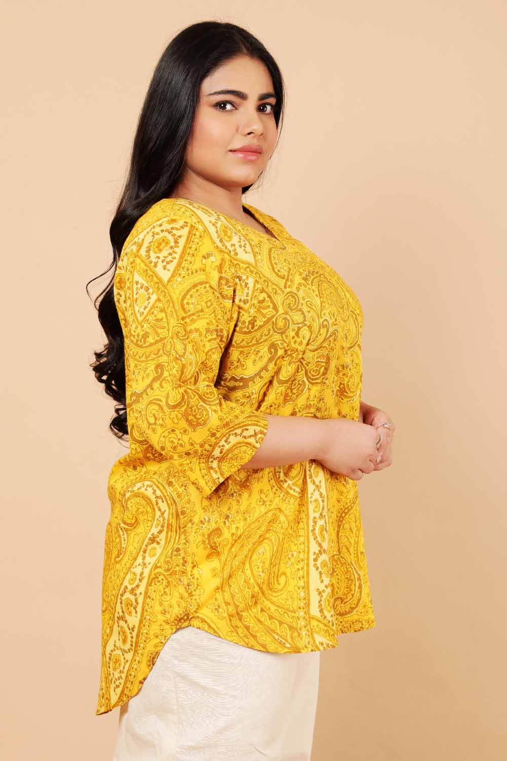 Plus Size Yellow Paisely Print Cotton Top for Women