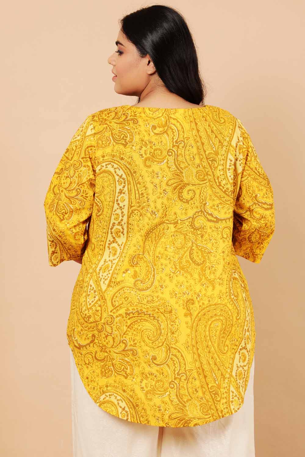 Comfortable Plus Size Yellow Paisely Print Cotton Top