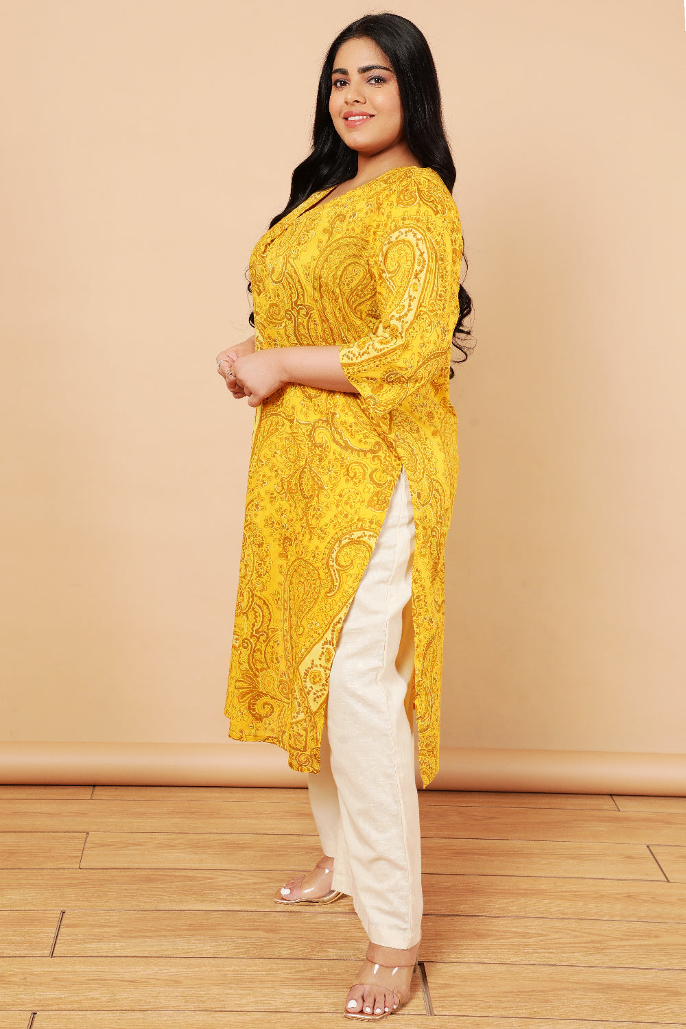 Plus Size Yellow Paisely Print Cotton Kurta for Women