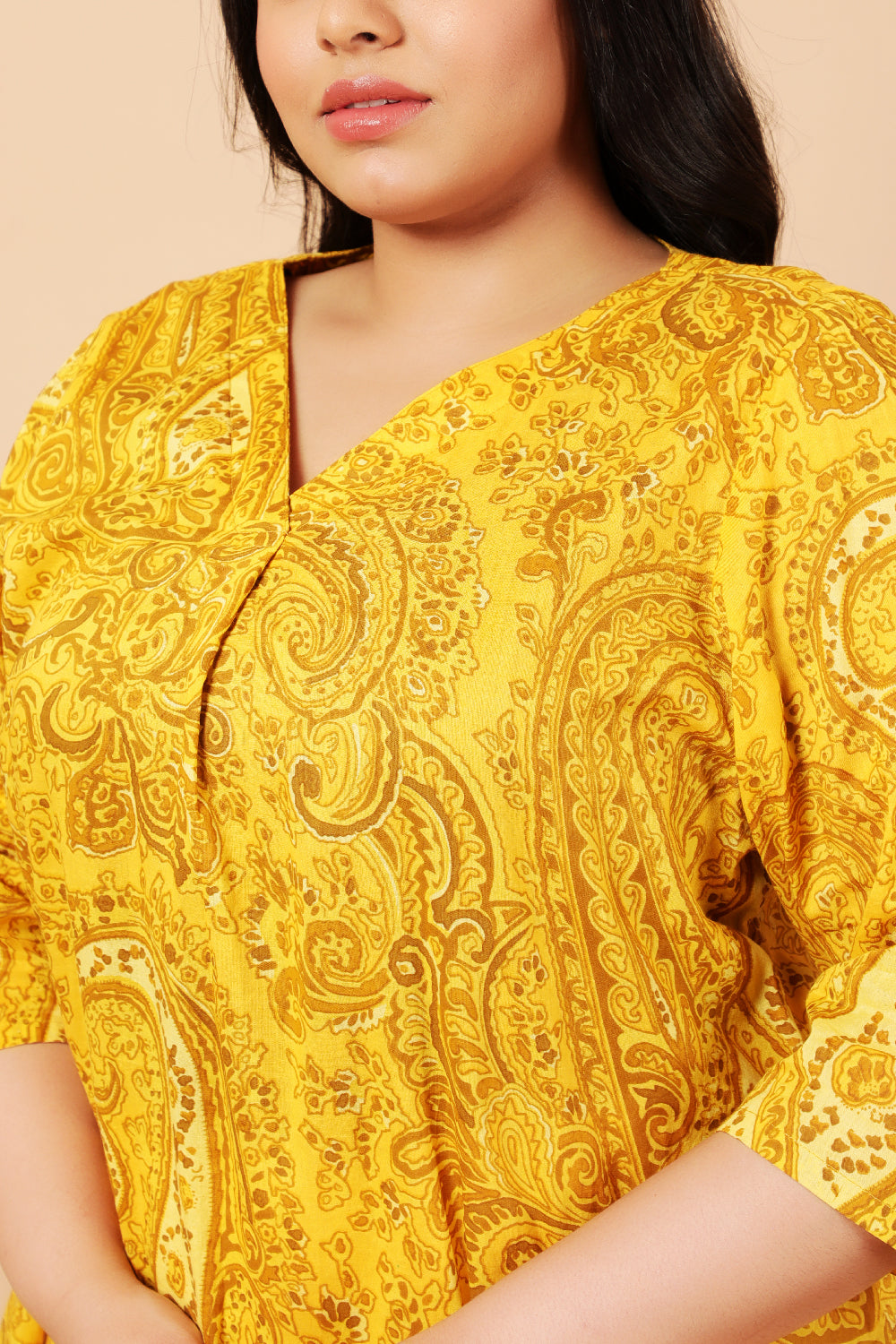 Comfortable Plus Size Yellow Paisely Print Cotton Kurta