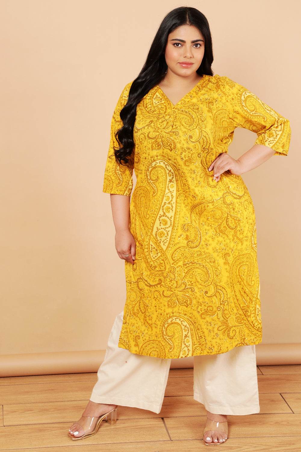 Plus Size Plus Size Yellow Paisely Print Cotton Kurta