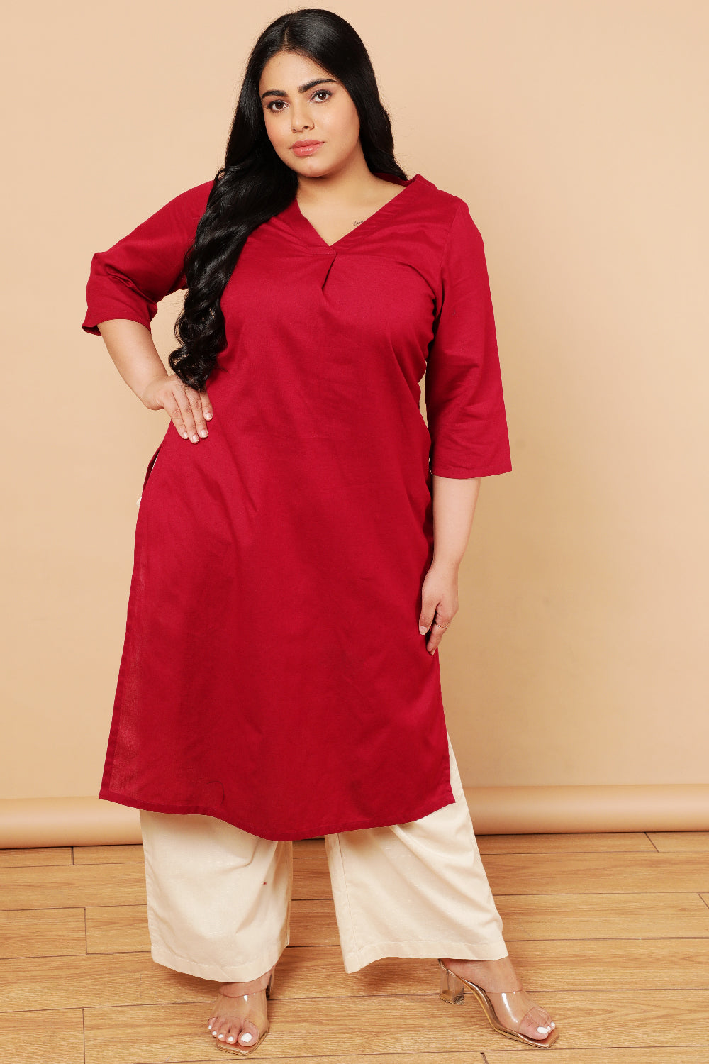 Red Cotton Linen V Neck Centre Pleat Kurti