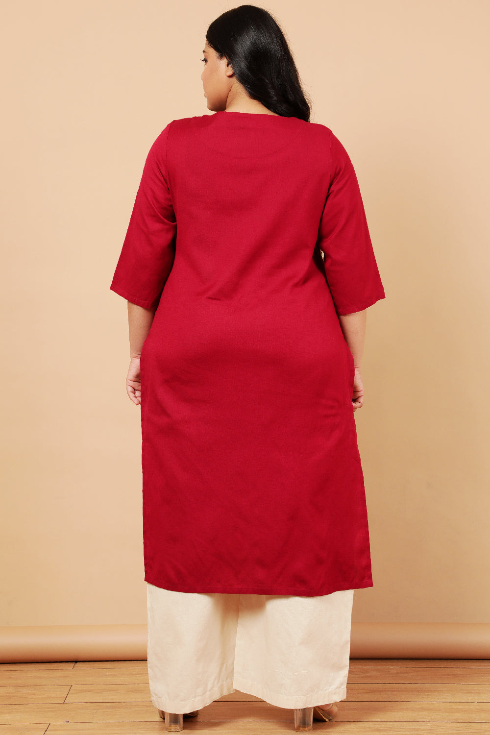 Red Cotton Linen V Neck Centre Pleat Kurti