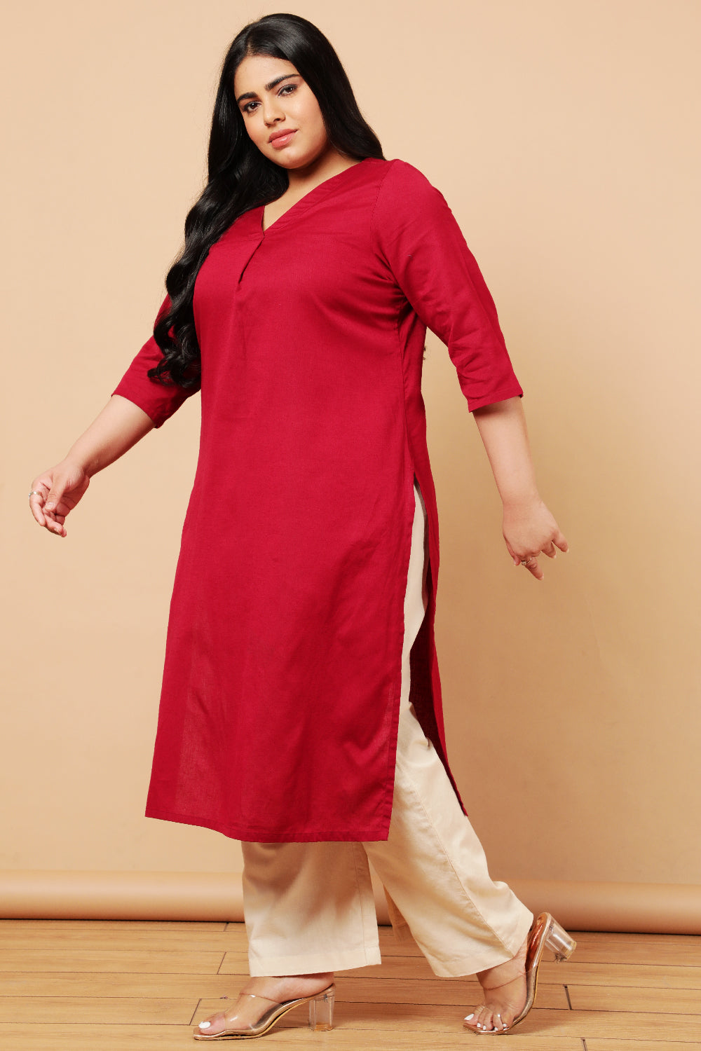 Plus Size Red Cotton Linen V Neck Centre Pleat Kurti