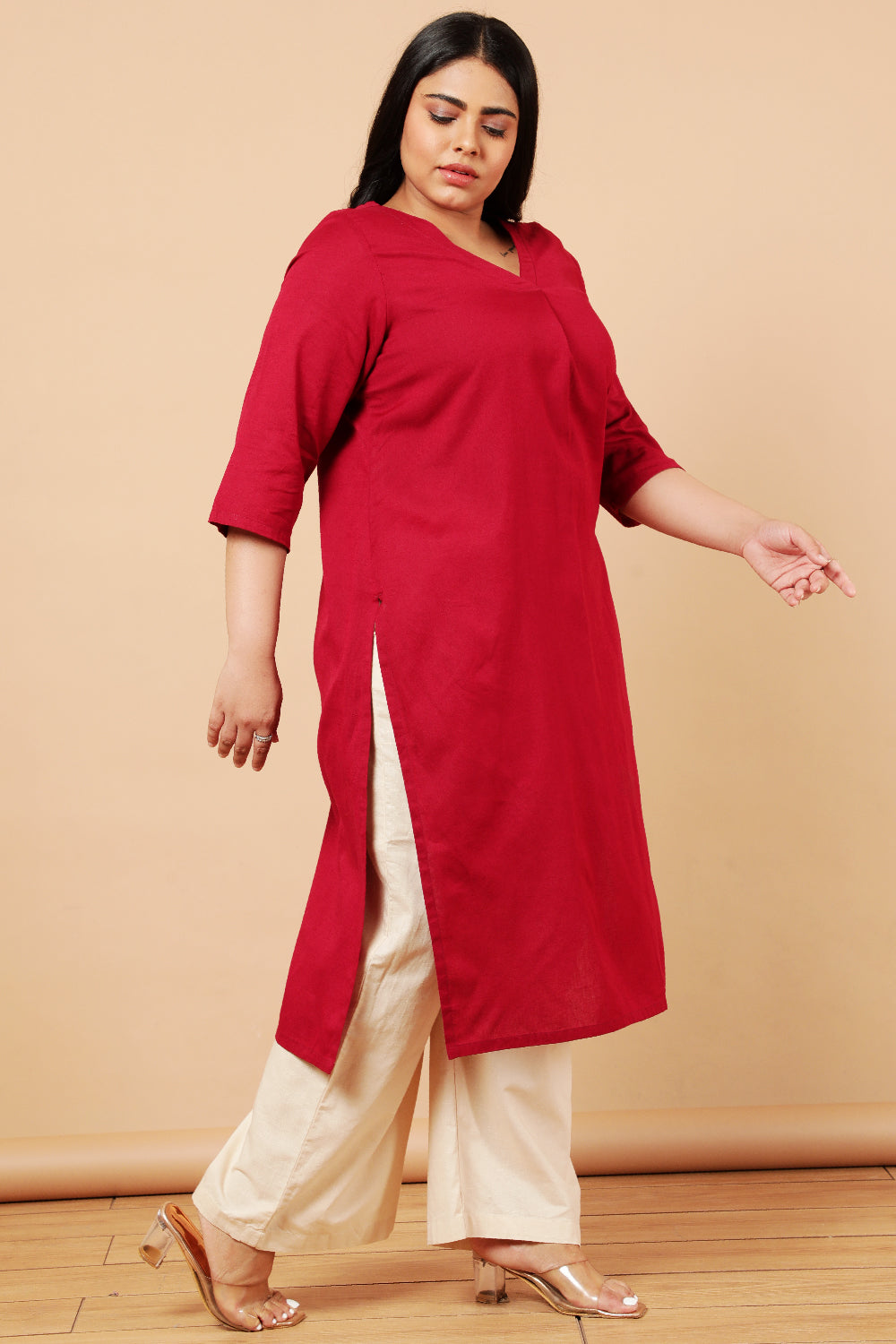 Red Cotton Linen V Neck Centre Pleat Kurti for Women