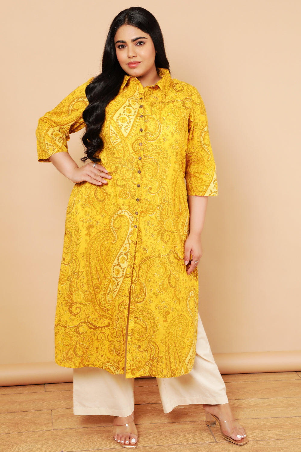 Plus Size Yellow Paisely Print Cotton Kurta Shrug