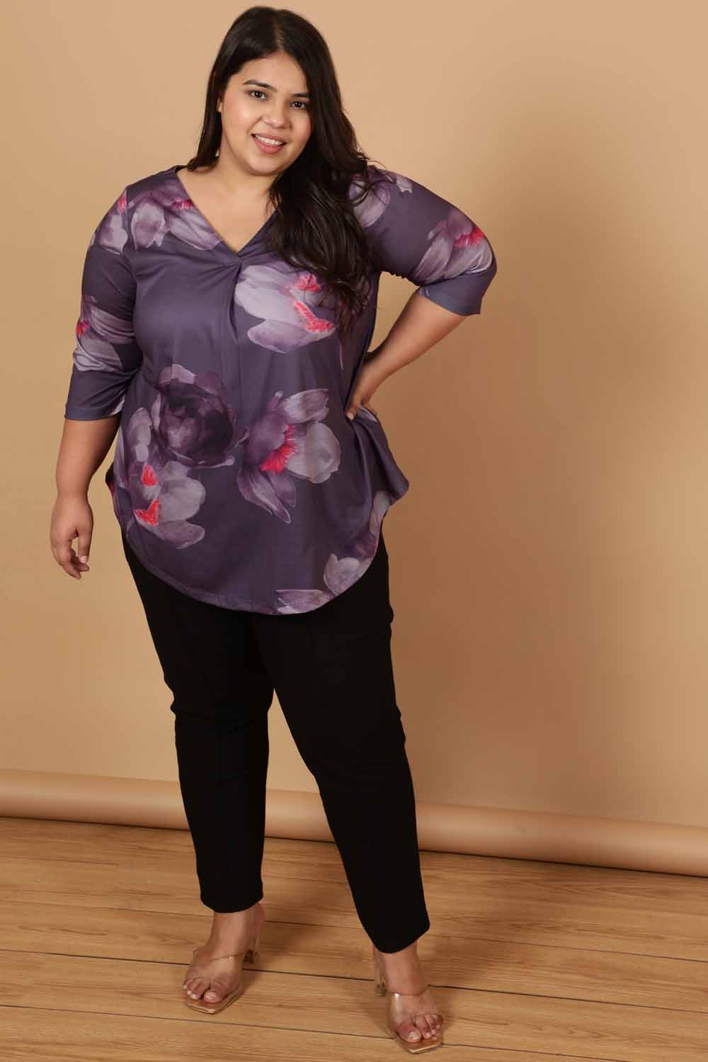 Plus Size Plus Size Purple Floral Printed Centre Pleat Top