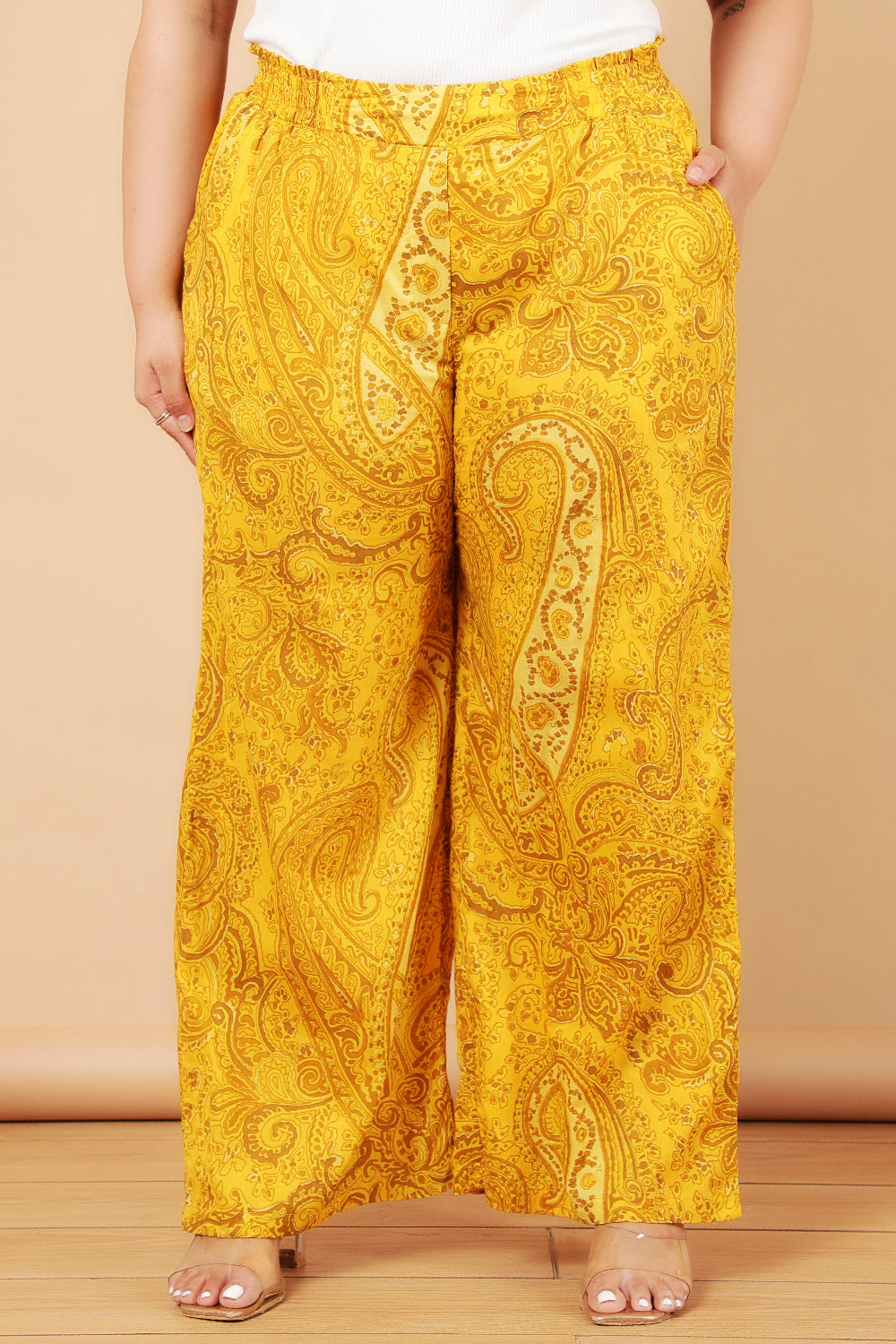 Plus Size Plus Size Yellow Paisely Print Cotton High Waist Pants