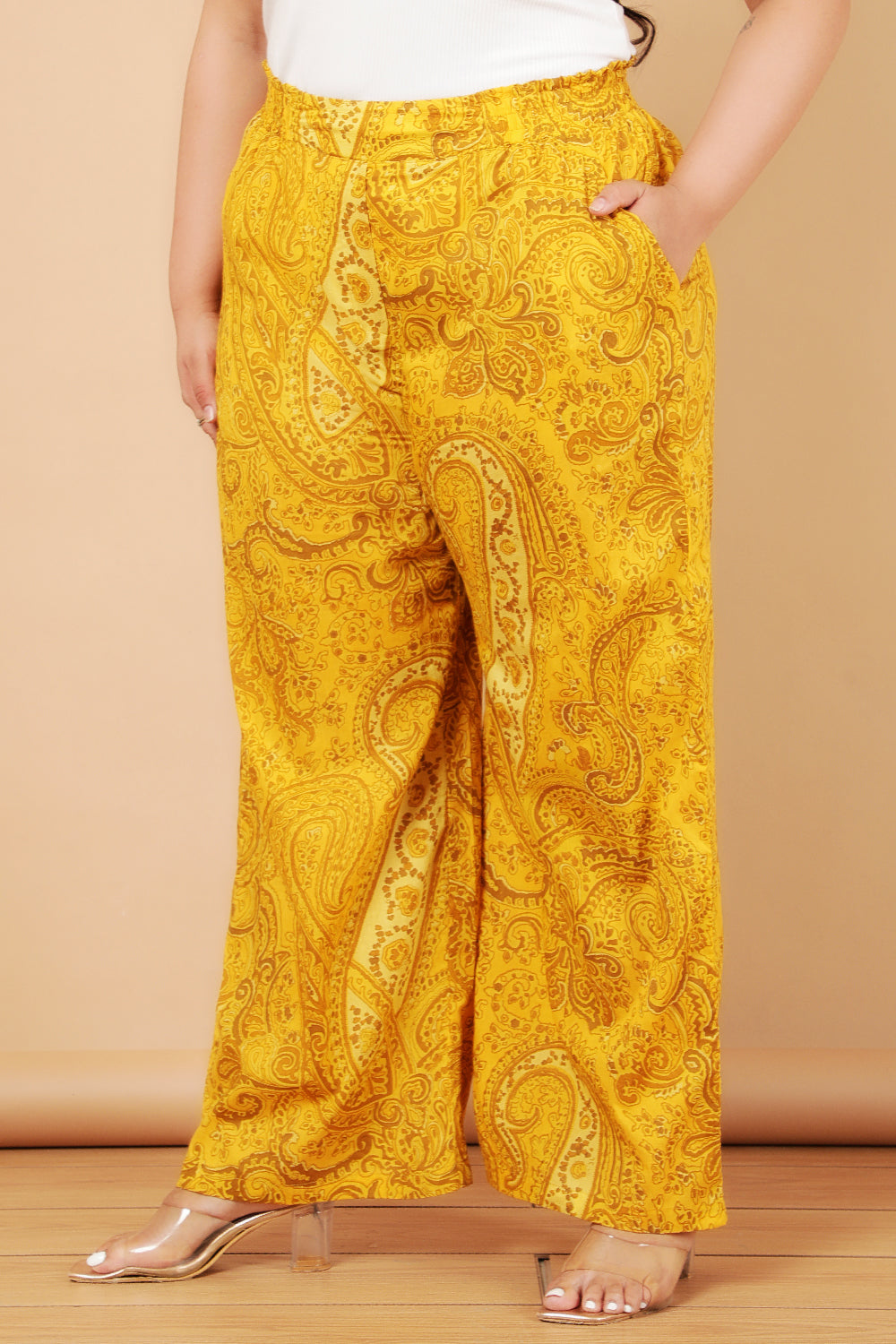 Plus Size Yellow Paisely Print Cotton High Waist Pants for Women