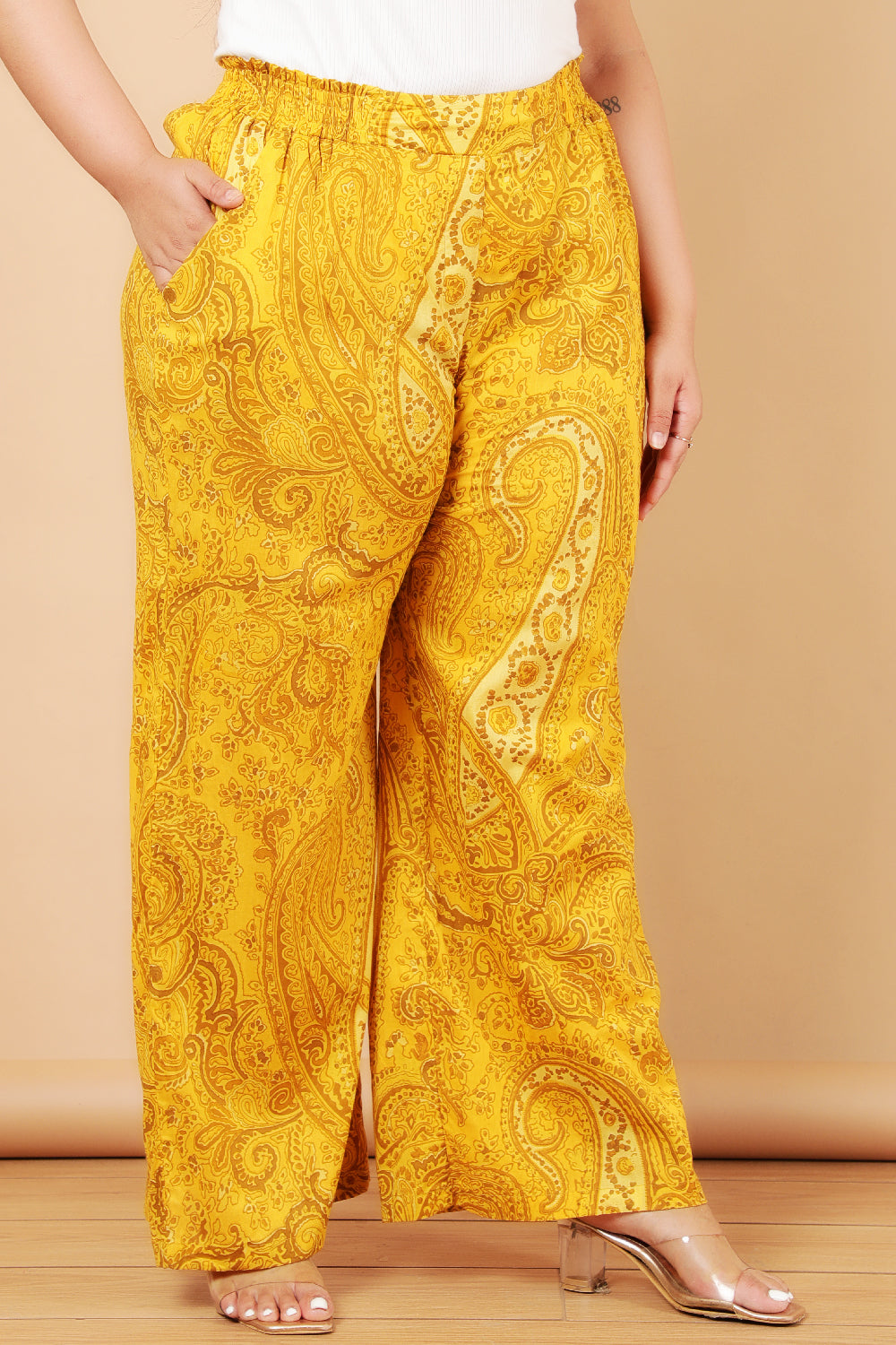 Comfortable Plus Size Yellow Paisely Print Cotton High Waist Pants