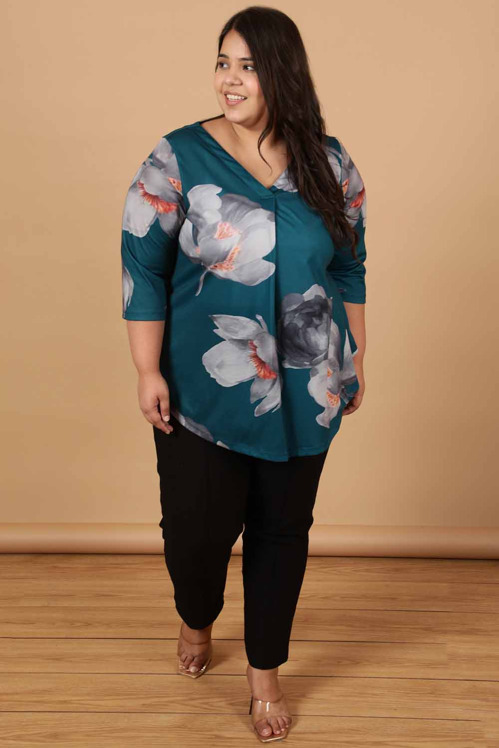 Plus Size Plus Size Dark Green Floral Printed Centre Pleat Top