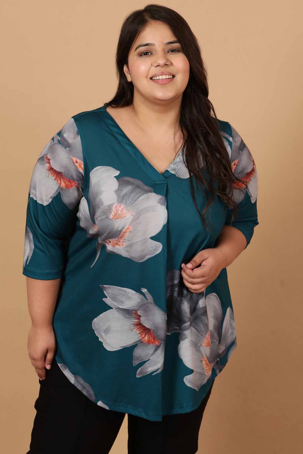 Plus Size Dark Green Floral Printed Centre Pleat Top