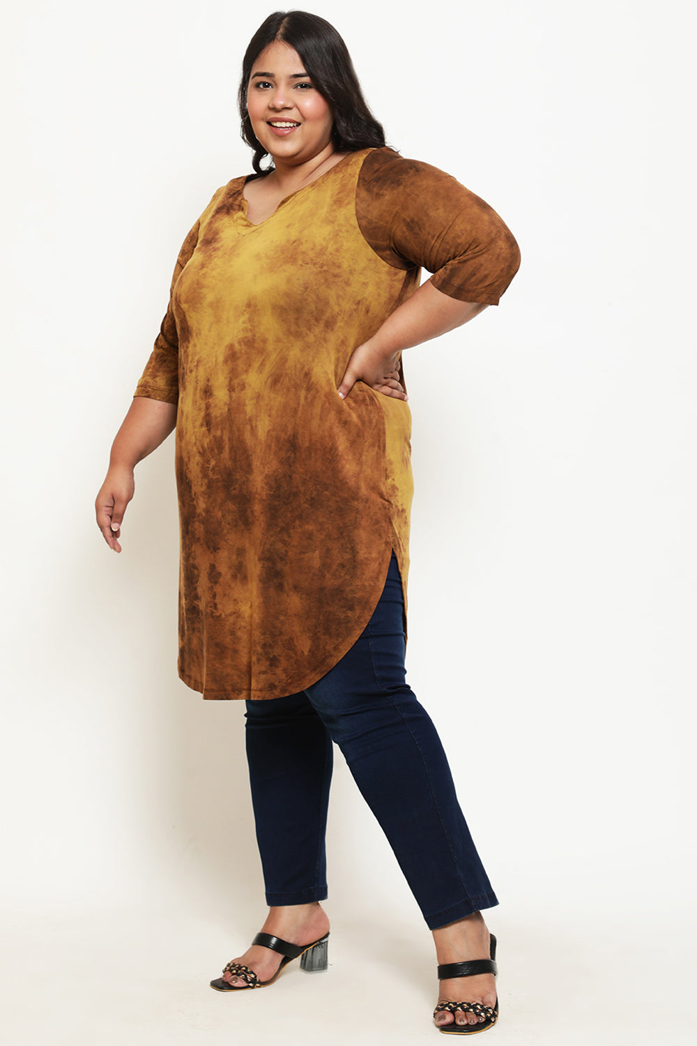 Plus Size Mustard Tie Dye Longline Tunic