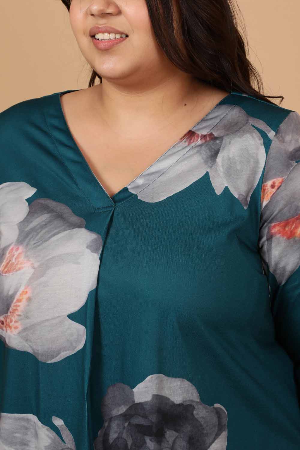 Plus Size Dark Green Floral Printed Centre Pleat Top