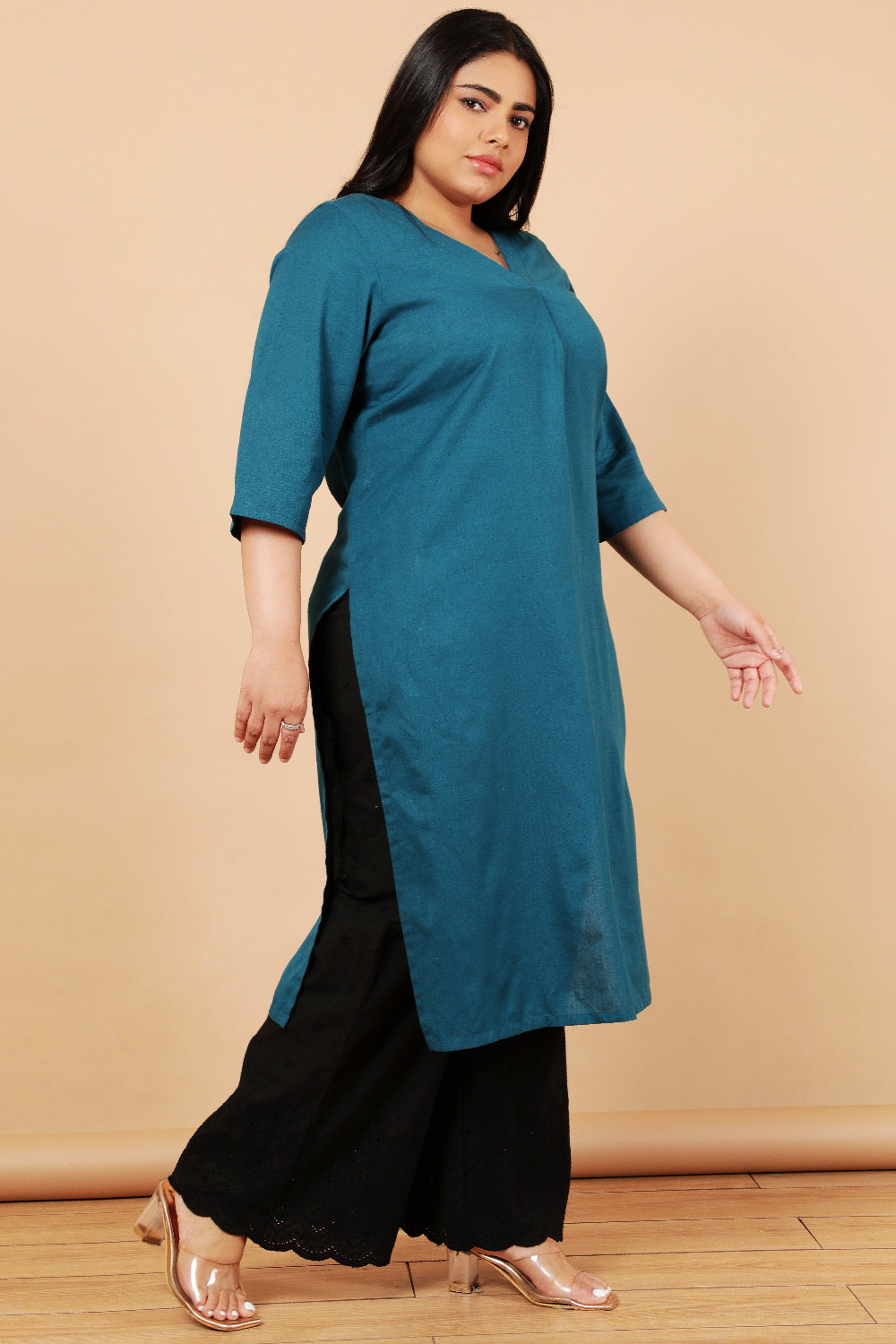 Teal Cotton Linen V Neck Centre Pleat Kurti