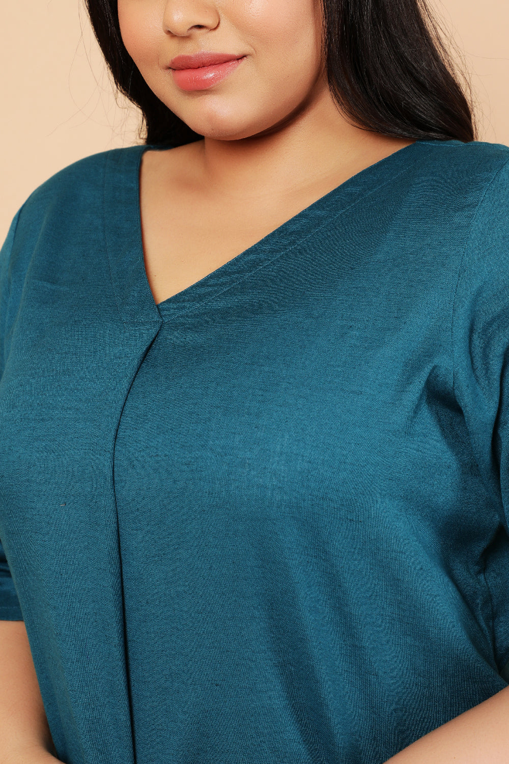 Teal Cotton Linen V Neck Centre Pleat Kurti