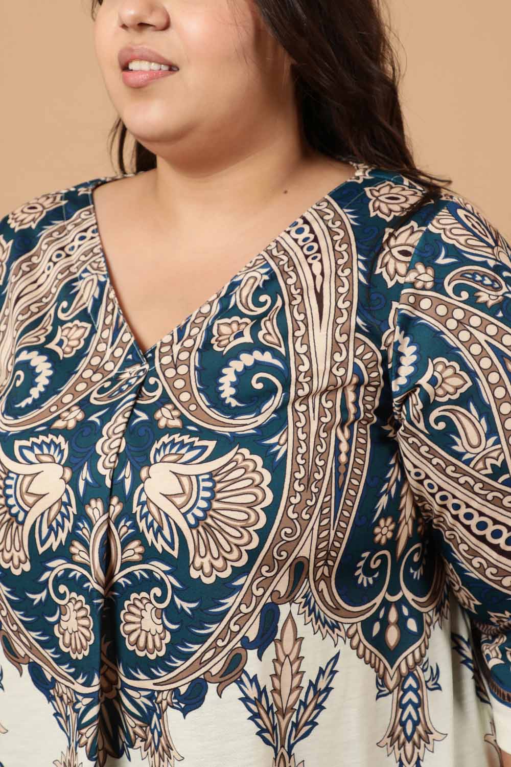 Plus Size Cream Luxe Ethnic Print Centre Pleat Top for Women