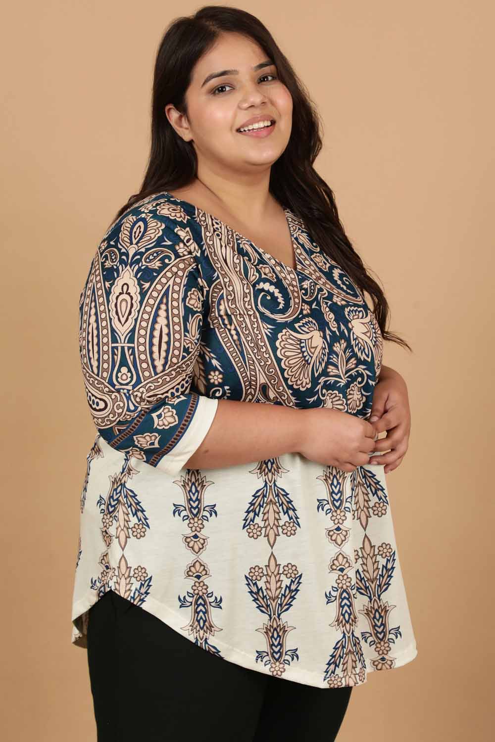 Plus Size Plus Size Cream Luxe Ethnic Print Centre Pleat Top