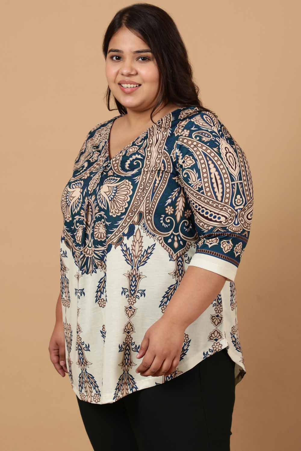 Comfortable Plus Size Cream Luxe Ethnic Print Centre Pleat Top