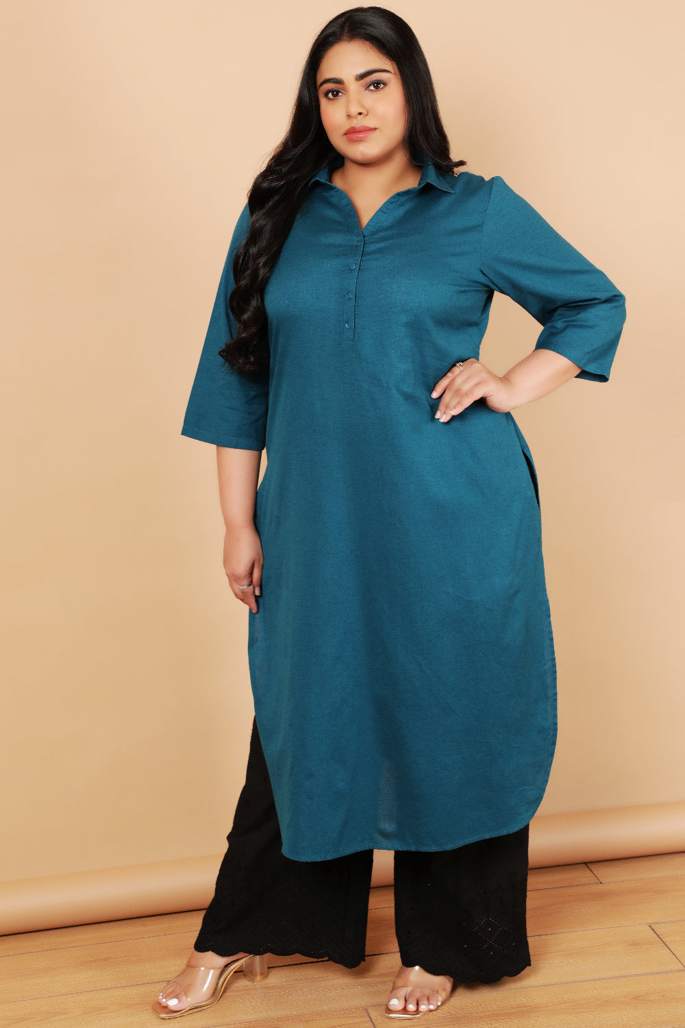 Teal Cotton Linen Collar Kurta