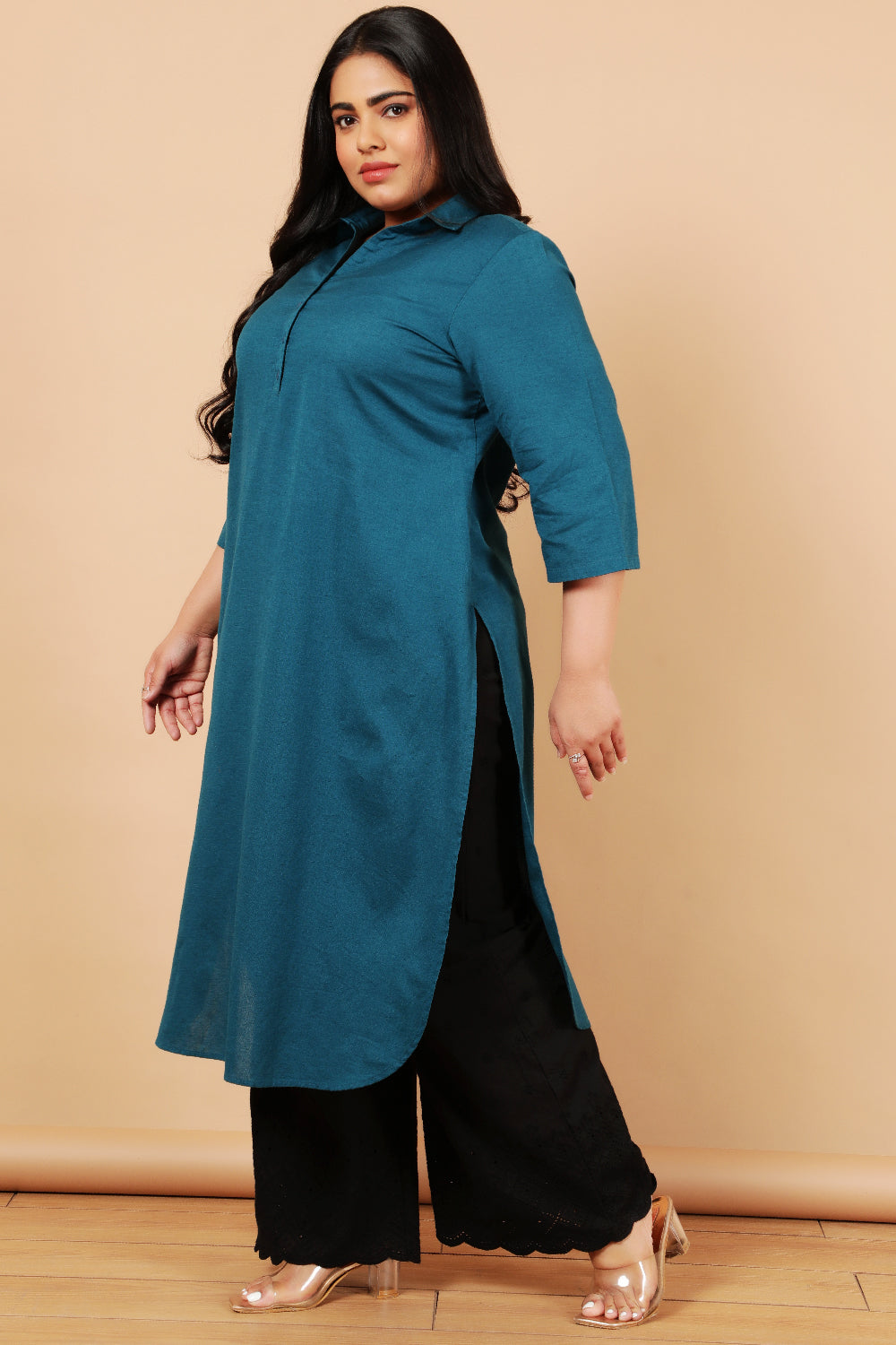 Teal Cotton Linen Collar Kurta