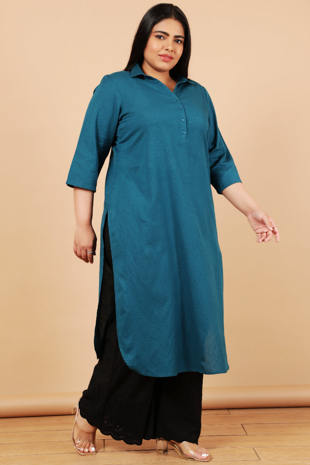 Teal Cotton Linen Collar Kurta