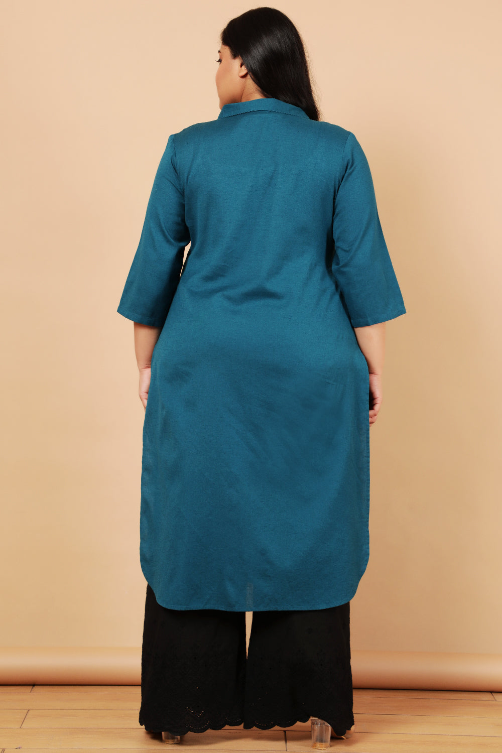 Teal Cotton Linen Collar Kurta