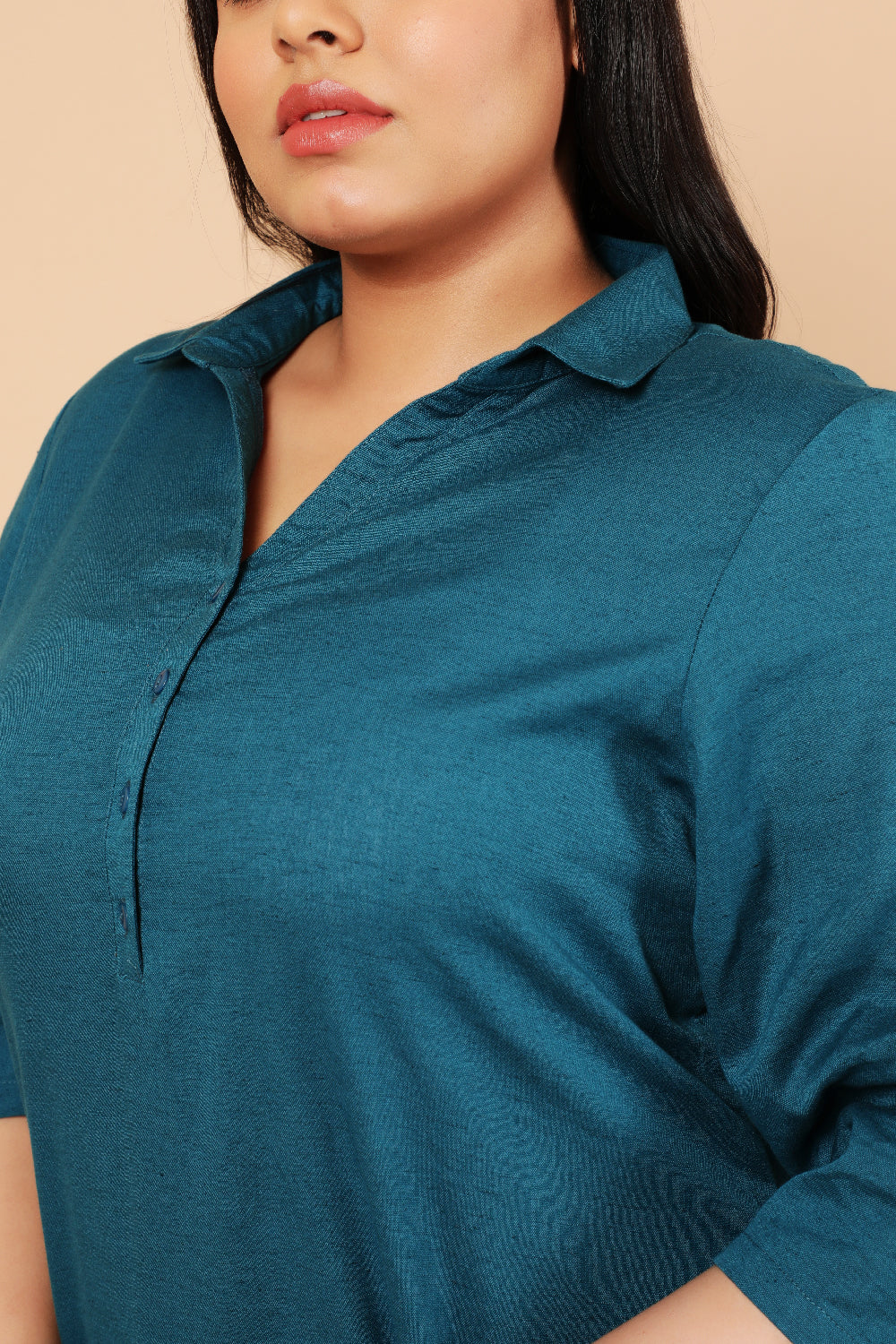 Teal Cotton Linen Collar Kurta