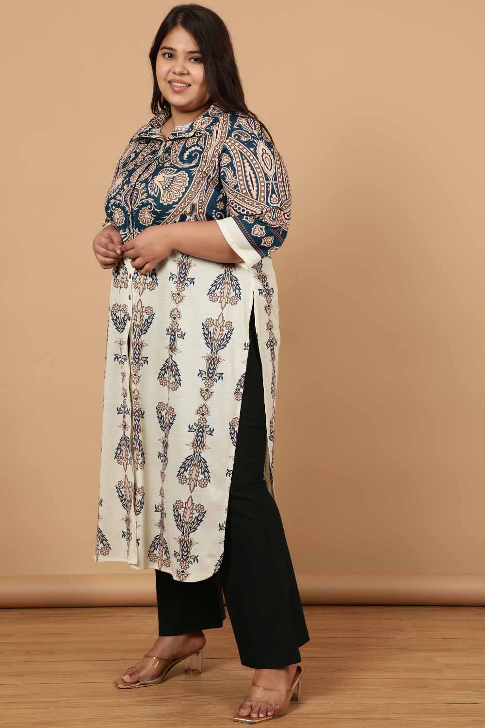Plus Size Cream Luxe Ethnic Print Kurta Cum Shrug for Women