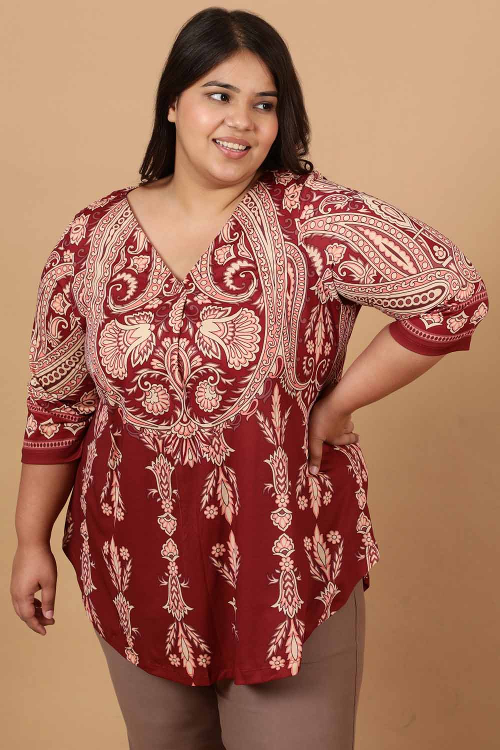 Plus Size Maroon Luxe Ethnic Print Centre Pleat Top