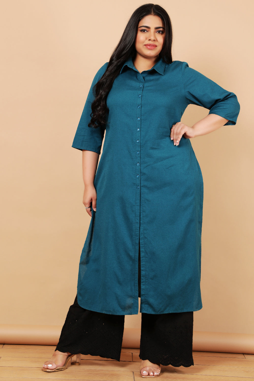 Teal Cotton Linen Kurta Shrug