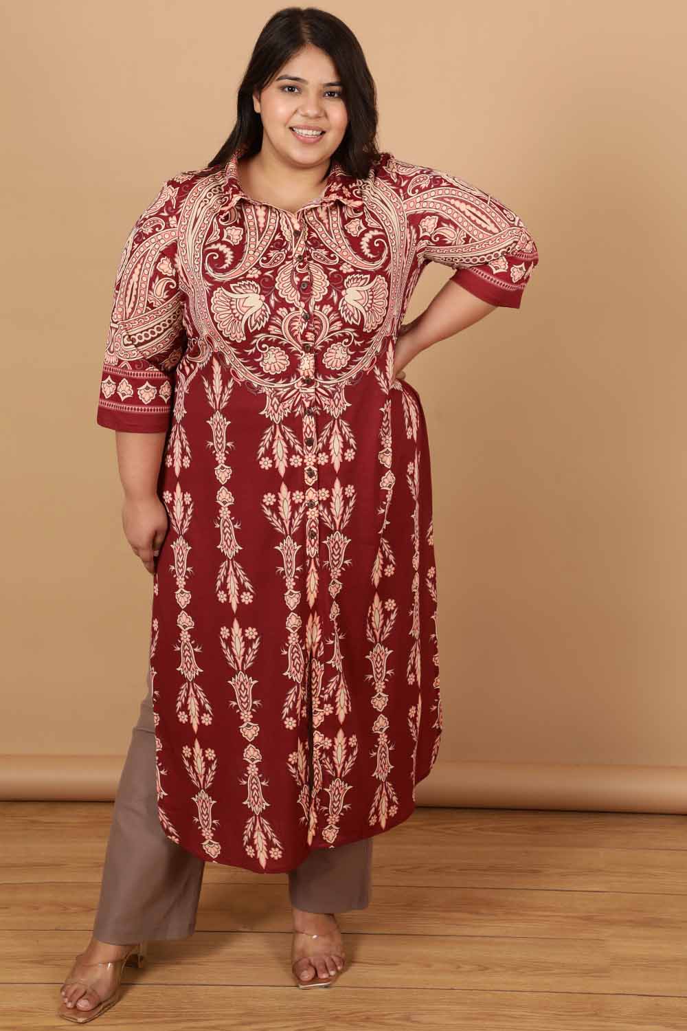 Buy Plus Size Maroon Luxe Ethnic Print Kurta Cum Shrug