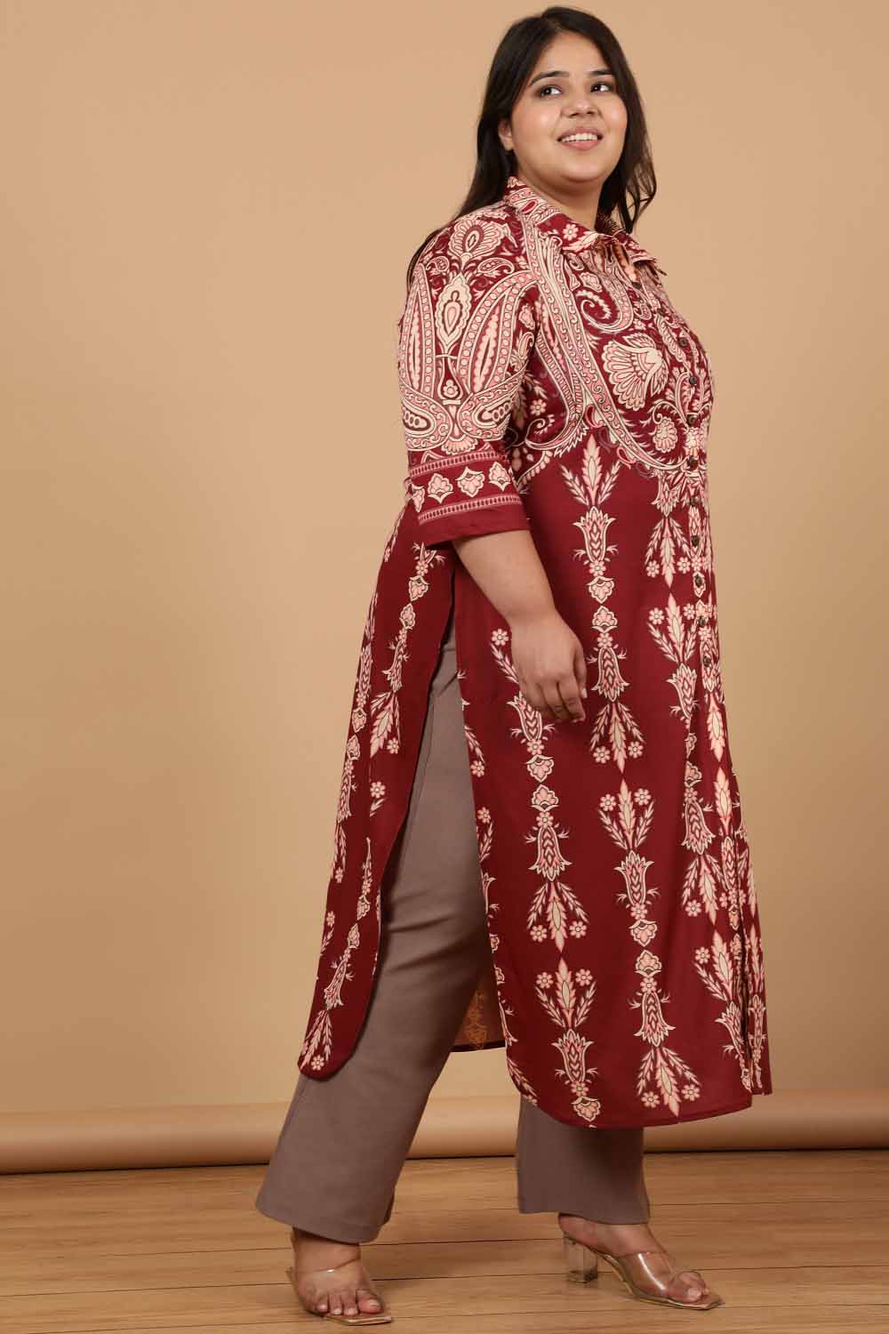 Plus Size Plus Size Maroon Luxe Ethnic Print Kurta Cum Shrug