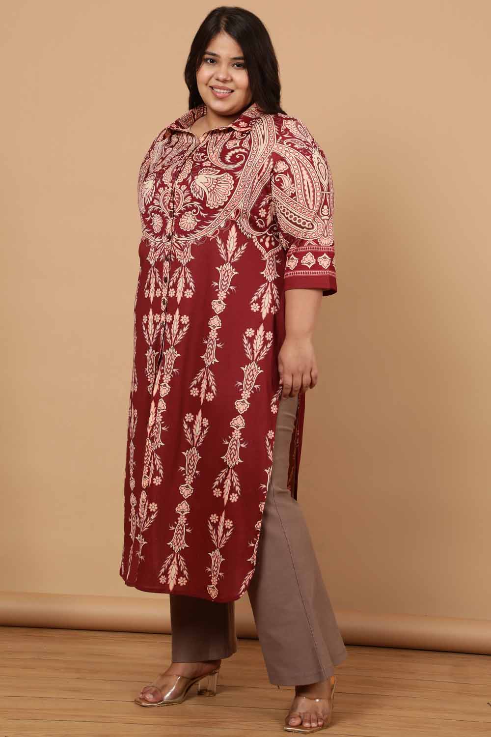 Plus Size Maroon Luxe Ethnic Print Kurta Cum Shrug for Women